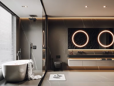 Modern Bathroom Interior With Dark Marble Walls Round Backlit Mirrors Double Vanity And Freestanding Bathtub 3d model