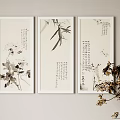 Chinese Style Paintings With Plants Calligraphy White Frames And Dried Flowers