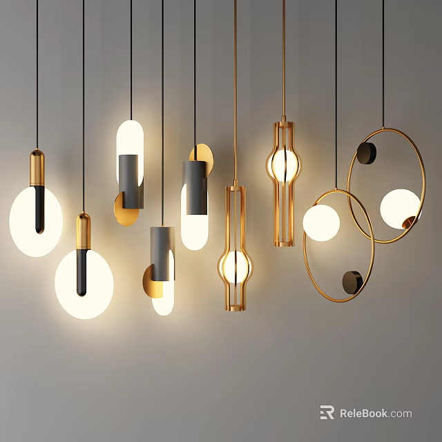 Modern Minimalist Pendant Lights With Gold Black Metal Frames Round Long Shapes And Glowing Bulbs 3d model 