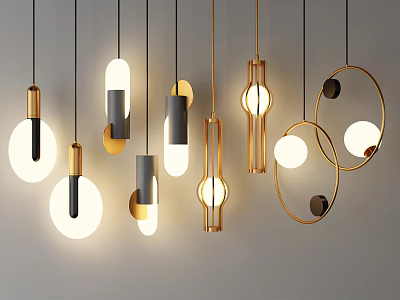 Modern Minimalist Pendant Lights With Gold Black Metal Frames Round Long Shapes And Glowing Bulbs 3d model