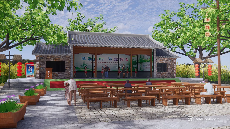 Ancient Architecture Stage With Gray Tile Roof Overhanging Eaves Surrounded By Trees And Wooden Benches 3d model 
