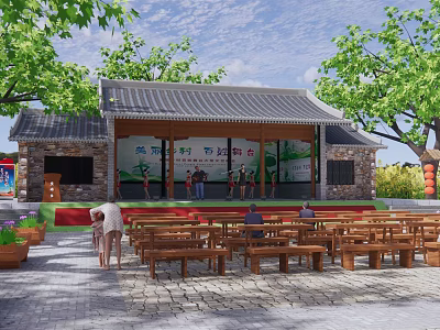 Ancient Architecture Stage With Gray Tile Roof Overhanging Eaves Surrounded By Trees And Wooden Benches 3d model