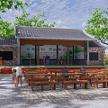 Ancient Architecture Stage With Gray Tile Roof Overhanging Eaves Surrounded By Trees And Wooden Benches