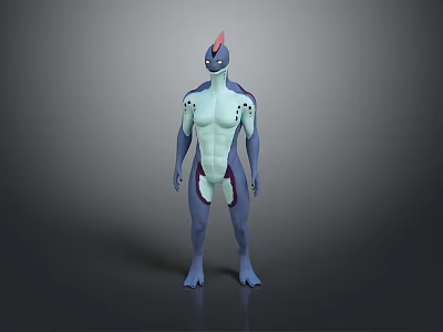Fantasy SciFi Humanoid Creature Character Standing With Blue Body Cyan Torso Red Crest Purple Markings 3d model