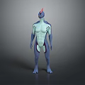 Fantasy SciFi Humanoid Creature Character Standing With Blue Body Cyan Torso Red Crest Purple Markings