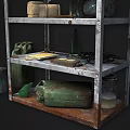 Industrial Equipment Storage Metal Rack With Multiple Shelves Holding Oil Drums Boxes Cans And Cables