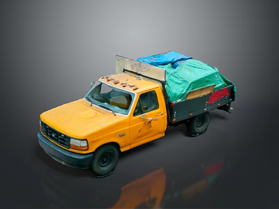 Yellow Pickup Truck With Open Cargo Bed Covered By Green And Blue Tarps 3d model