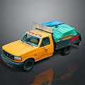 Yellow Pickup Truck With Open Cargo Bed Covered By Green And Blue Tarps