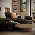 Modern Living Room Interior With Beige Sofa Round Coffee Tables Wooden Shelf And Natural Light