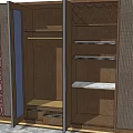 Classic Wooden Wardrobe Design With Decorative Striped Panels Gold Handles And Open Shelves