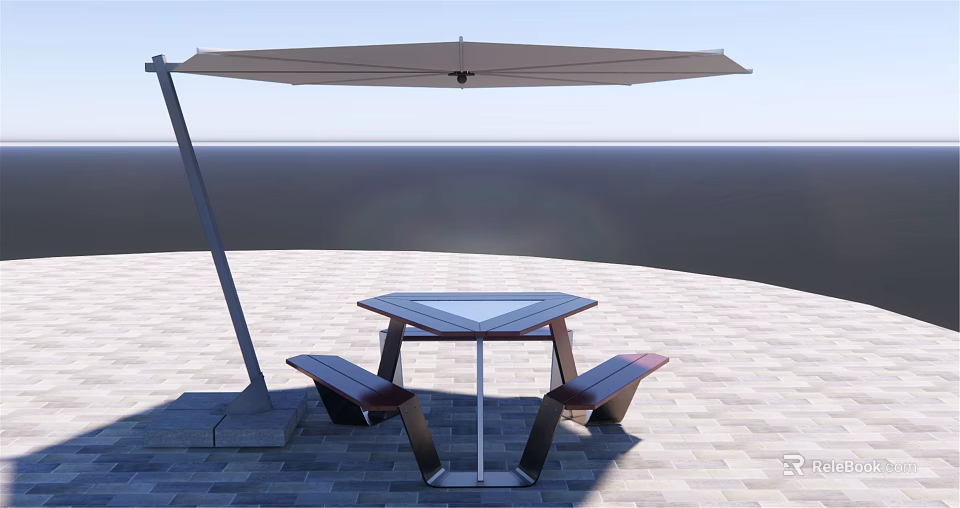 Outdoor Hexagonal Table and Bench Set with Umbrella on Paved Ground Open Sky 3d model