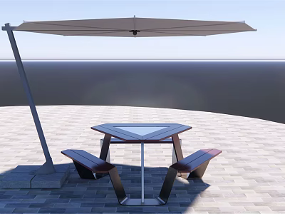 Outdoor Hexagonal Table and Bench Set with Umbrella on Paved Ground Open Sky 3d model