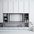 Modern White and Black TV Cabinet With Open Storage Compartments Books Decorative Items and Vase