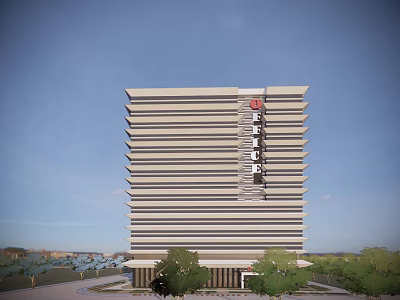 Modern High Rise Commercial Complex With Signage And Green Landscape Entrance 3d model