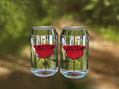 Two Transparent Cans With Red Roses On Natural Forest Path Background 3d model