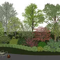 Lush Garden Trees Featuring Green Foliage Red Maple Shrubs Lawn And Outdoor Seating Area