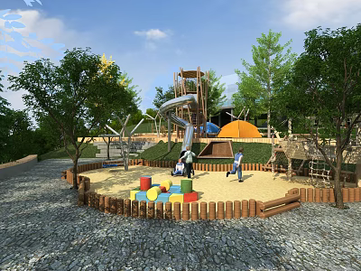 Scenic Park Landscape With Children's Playground Slide Wooden Climbing Frame Sandpit Colorful Blocks And Trees 3d model