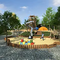 Scenic Park Landscape With Children's Playground Slide Wooden Climbing Frame Sandpit Colorful Blocks And Trees