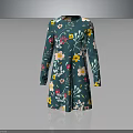 Elegant Dark Green Floral Long Sleeve Dress With Yellow White Pink Flowers