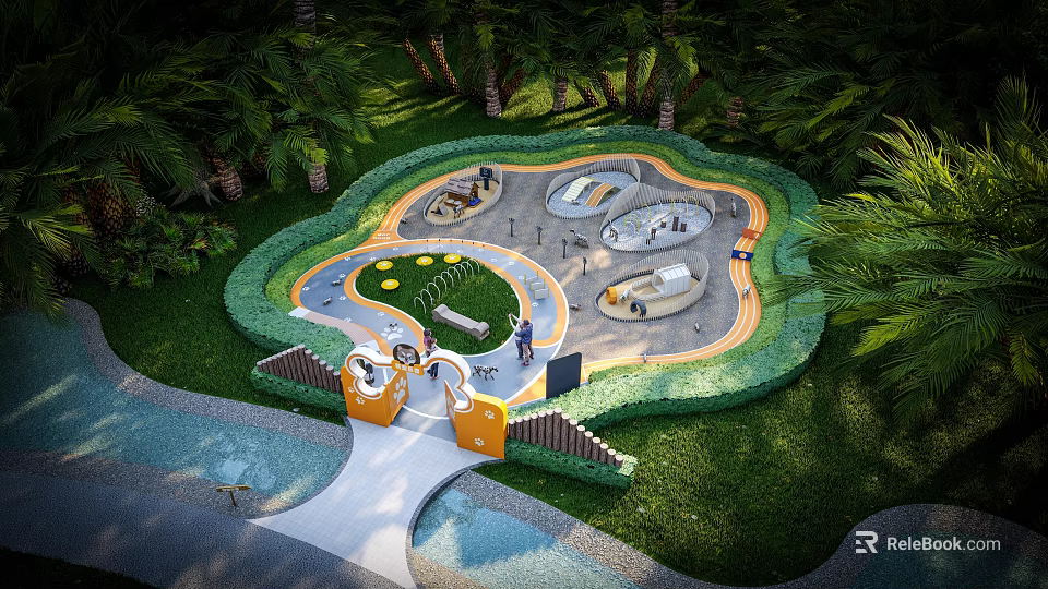 Family Friendly Community Park With Green Lawns Curved Pathways Play Areas And Orange Entrance 3d model 