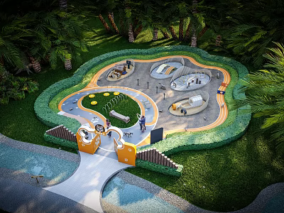 Family Friendly Community Park With Green Lawns Curved Pathways Play Areas And Orange Entrance 3d model