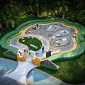 Family Friendly Community Park With Green Lawns Curved Pathways Play Areas And Orange Entrance