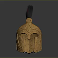 Golden Classical Helmet with Red and Black Plume and Carved Patterns in Metallic Sheen