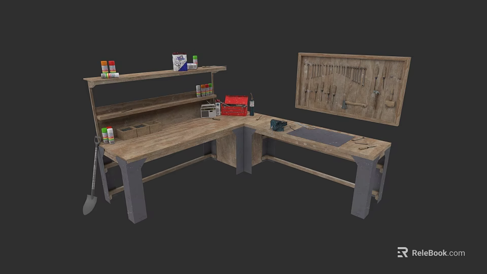 Wooden Workbench With Metal Legs Tool Rack And Paint Cans On Shelves 3d model 