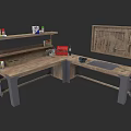 Wooden Workbench With Metal Legs Tool Rack And Paint Cans On Shelves
