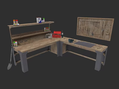 Wooden Workbench With Metal Legs Tool Rack And Paint Cans On Shelves 3d model