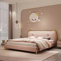 Pink Kids Bed With Curved Gold Headboard Moon Crown Smiling Face Stars Cloud Wall Decor