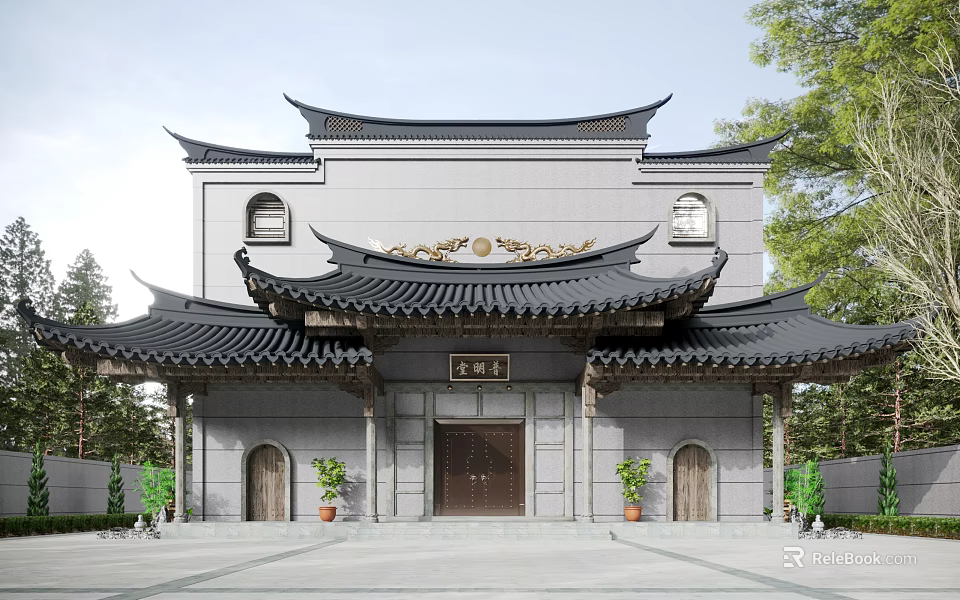 Traditional Chinese Architecture With Classic Black Tiled Roof Overhanging Eaves And Gray Walls 3d model 