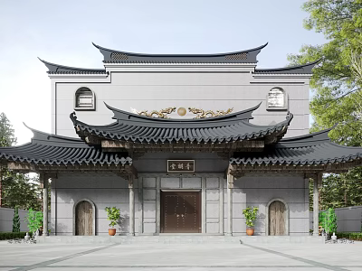 Traditional Chinese Architecture With Classic Black Tiled Roof Overhanging Eaves And Gray Walls 3d model