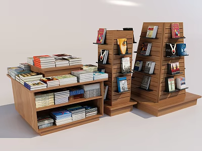 Wooden Bookcase Design With Multi Tier Shelves Stacked Books And Decorative Items 3d model