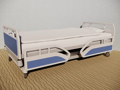 White And Blue Hospital Bed With Mattress Side Rails And Wheels 3d model