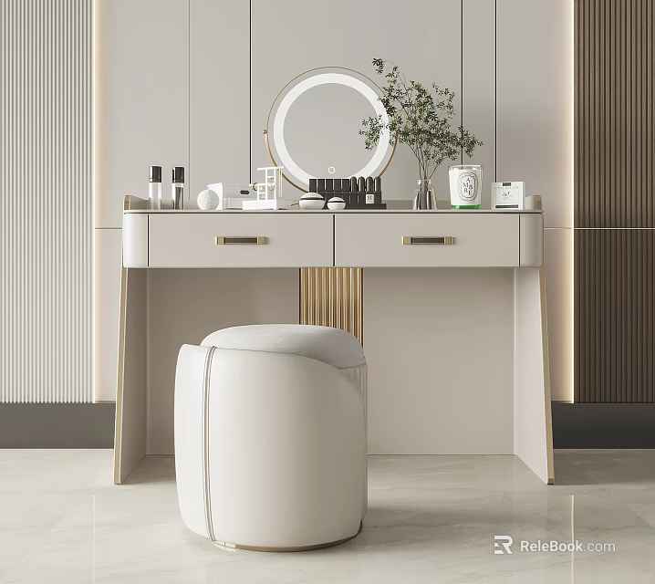 Modern Dressing Table with Round Mirror Vase Cosmetics Storage Boxes and Ottoman Stool 3d model 