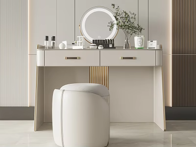 Modern Dressing Table with Round Mirror Vase Cosmetics Storage Boxes and Ottoman Stool 3d model