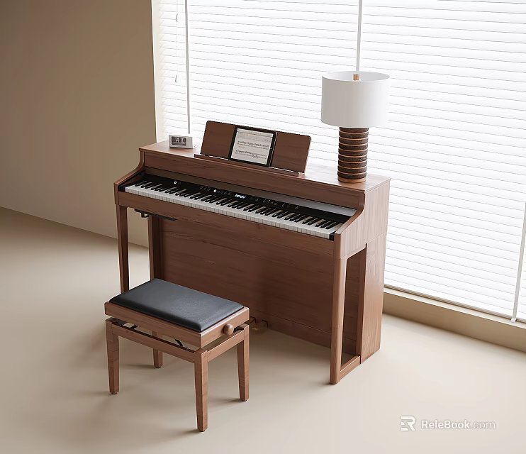 Wooden Acoustic Piano Room Interior With Piano Bench Window Blinds And Natural Light 3d model 