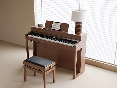 Wooden Acoustic Piano Room Interior With Piano Bench Window Blinds And Natural Light 3d model