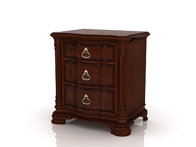 Traditional Wooden Bedside Table With Three Drawers And Ornate Metal Handles 3d model