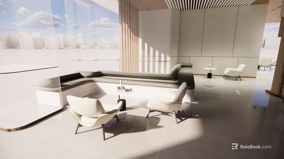 Modern Minimalist Table And Chair Set With White Leather Chairs In Bright Interior Lounge 3d model 