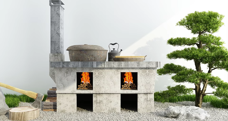 Outdoor Stone Cabinets With Twin Fireplaces Large Pot And Teapot Near Trees 3d model 
