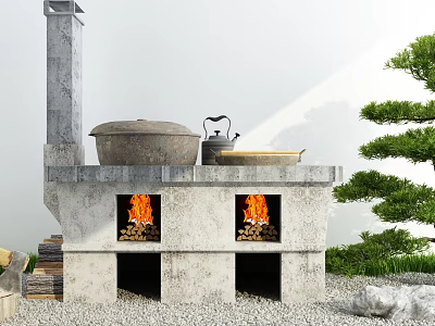 Outdoor Stone Cabinets With Twin Fireplaces Large Pot And Teapot Near Trees 3d model
