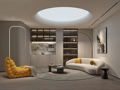 Modern Entertainment Room Interior With Round Skylight White Sofa Yellow Chair Bookshelves And Decorative Painting 3d model
