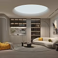 Modern Entertainment Room Interior With Round Skylight White Sofa Yellow Chair Bookshelves And Decorative Painting