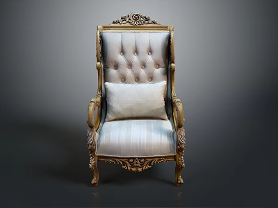 Single Sofa With Carved Golden Accents Striped Fabric And Button Tufted Back 3d model