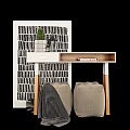 White Desk with Wooden Legs Drawer Shelf Books Potted Plant Beige Stools near Striped Screen