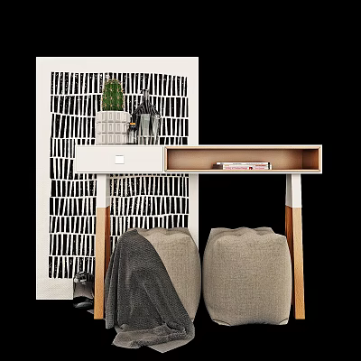 White Desk with Wooden Legs Drawer Shelf Books Potted Plant Beige Stools near Striped Screen 3d model
