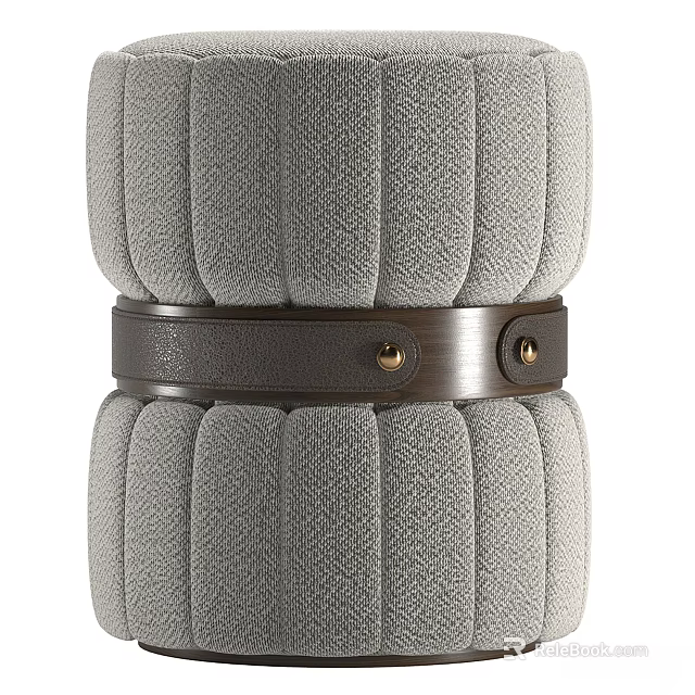 Modern Minimalist Stool With Gray Fabric Upholstery And Leather Strap Accent 3d model 