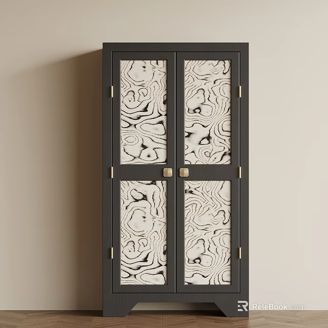 Stylish Entryway Cabinet Sideboard With Glass Doors Black White Pattern And Golden Handles 3d model 